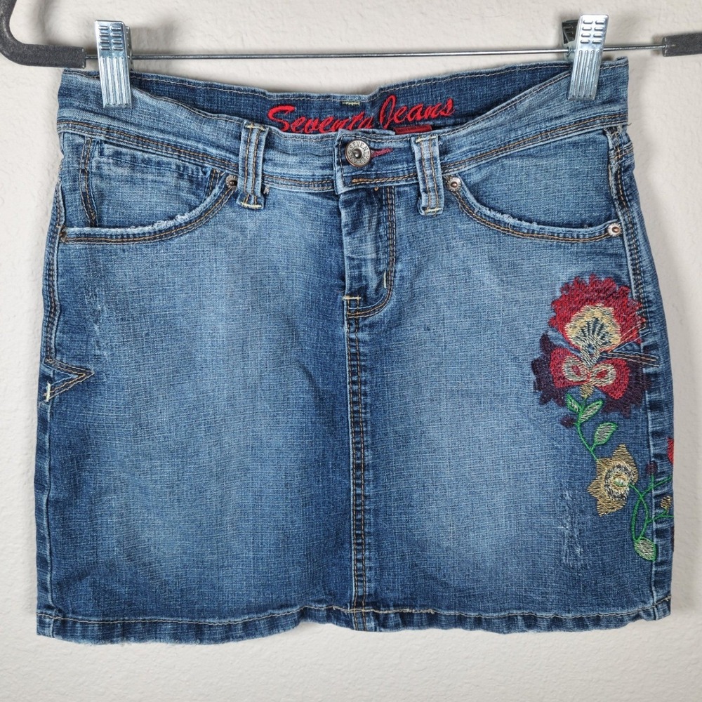 Y2K Seventy Jeans Blue Denim Mini Skirt Floral Embroidered Low Rise Siize 7/8
